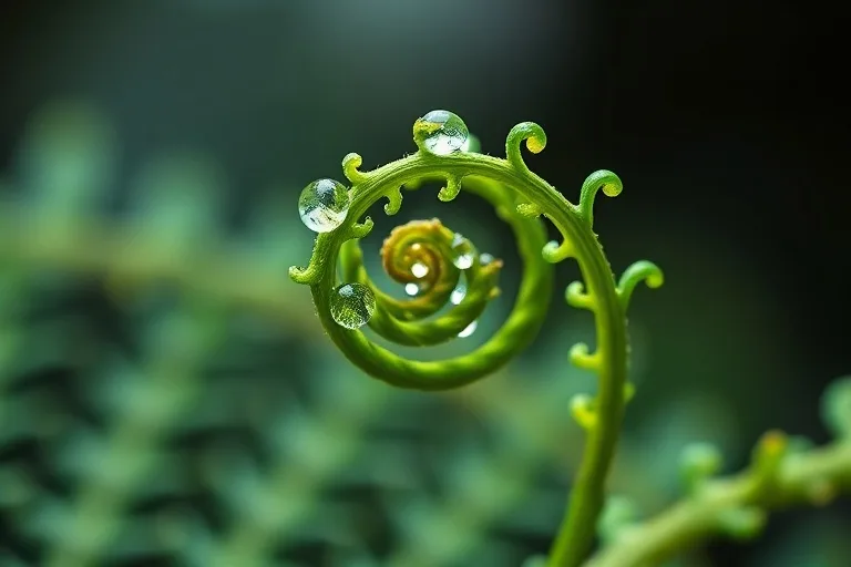 A detailed macro photograph of a delicate, unfurling fern frond with dew drops, symbolizing growth and unfolding destiny.