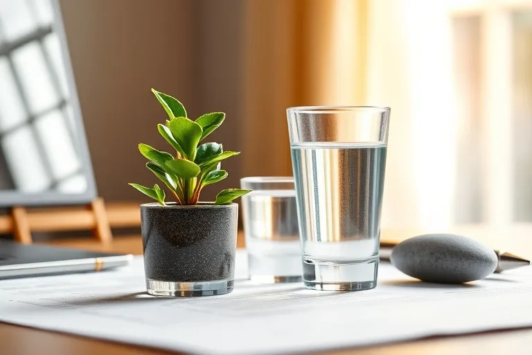 Serene desk with plant, water, metal, and stone elements
