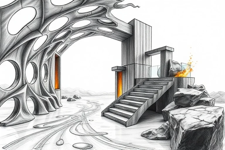 Abstract architectural concept merging elemental forms