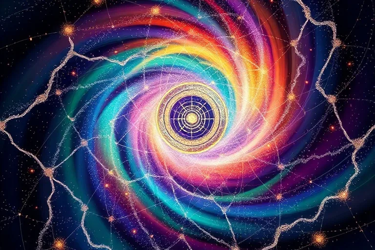 Abstract digital art showing swirling iridescent colors and geometric patterns representing energetic harmony