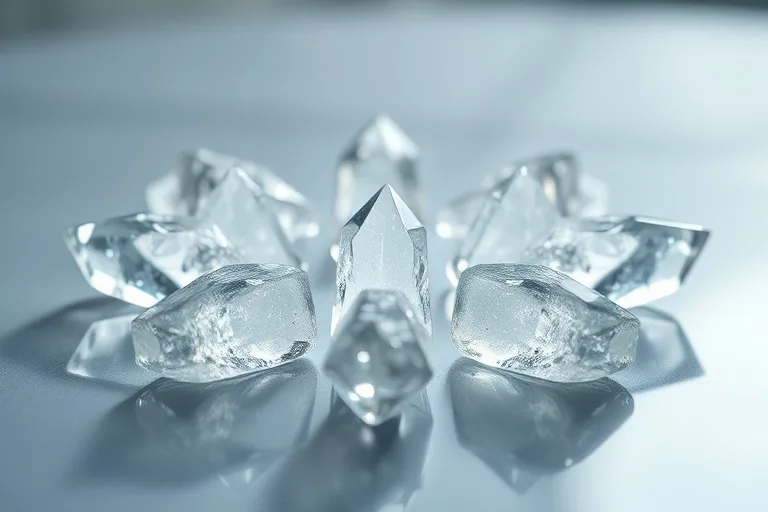 Macro photography of translucent quartz crystals with internal glow and subtle light ripples, creating an ethereal atmosphere