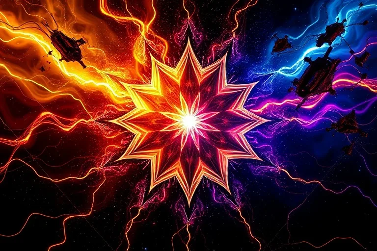 Abstract glowing energy breaking apart a dark, rigid geometric structure, symbolizing ego dissolution.