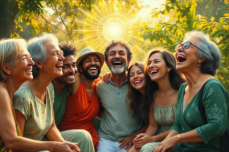 An impressionistic oil painting of diverse people laughing heartily in a sun-dappled garden.
