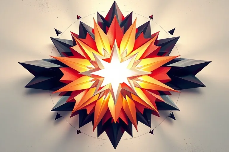 Abstract geometric shapes reorganizing around a central light, symbolizing radical personal transformation