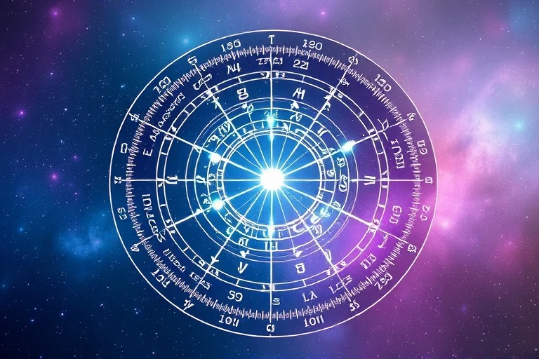 An intricate digital painting of two overlapping astrological birth charts with glowing lines connecting planetary positions and house cusps.