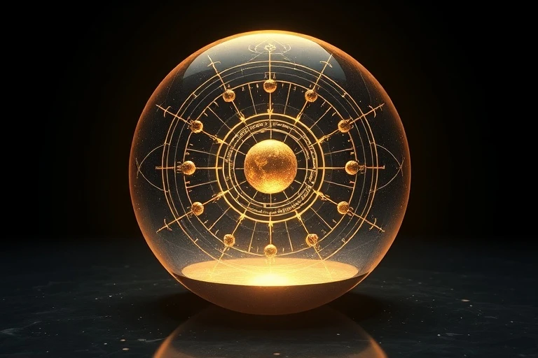 A glowing, translucent sphere with miniature planetary models orbiting within, symbolizing a unified relationship entity.