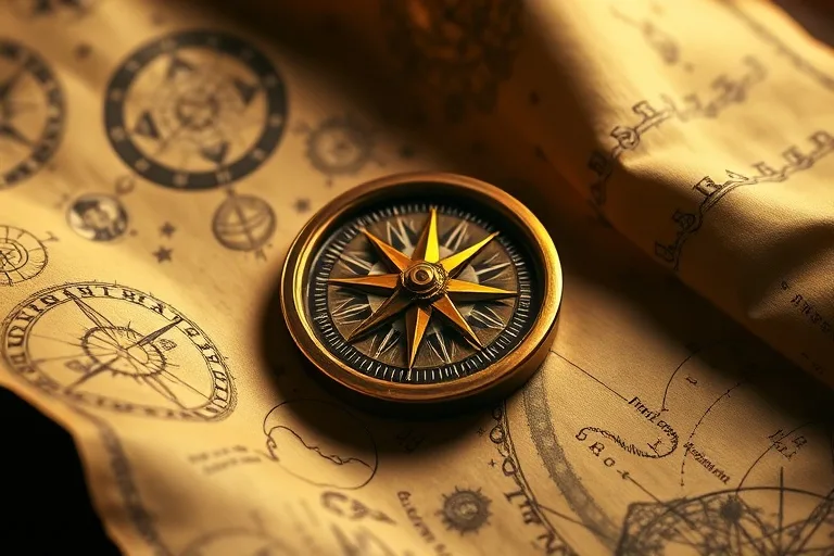 Navigating Karmic Paths Antique compass guiding through astrological symbols
