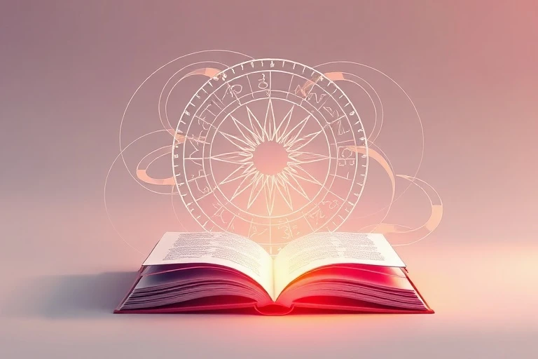 Abstract digital painting of a zodiac wheel with swirling energy lines converging towards an illuminated open journal, symbolizing cosmic insights and self-reflection.
