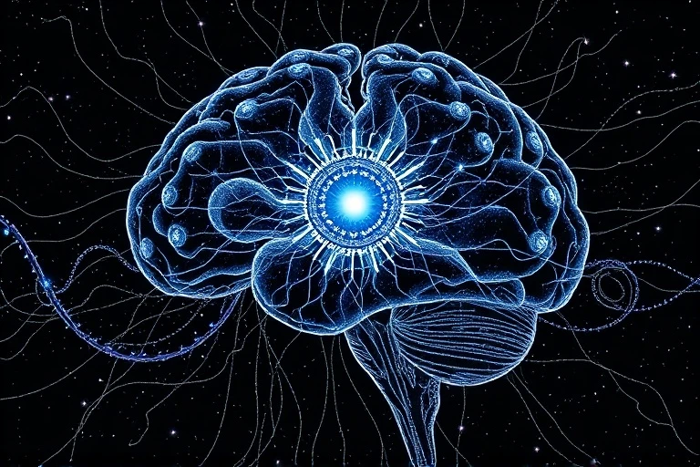 Conceptual 3D render of a glowing brain or mind as a network of light, with a pulsating orb at its center representing intuition, connected to abstract cosmic patterns.