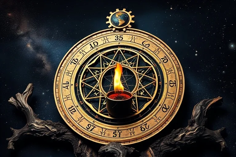 Astrolabe and elemental stones symbolizing ancient wisdom