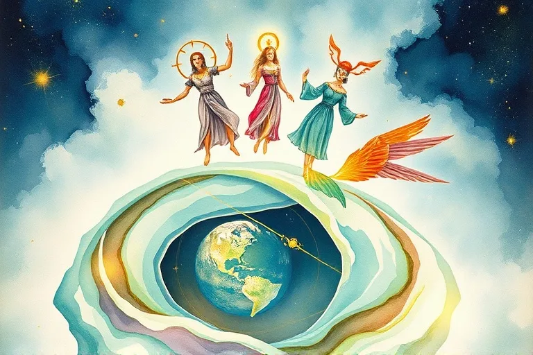 Watercolor illustration of geomantic figures floating above earth
