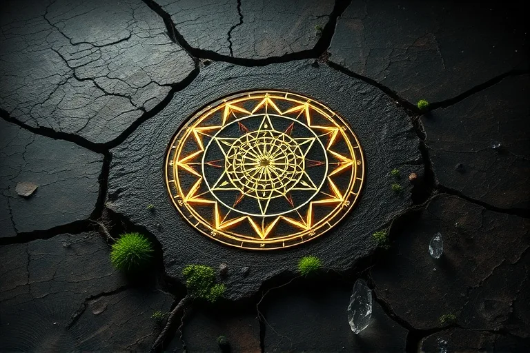 3D render of geomantic shield chart emerging from cracked earth