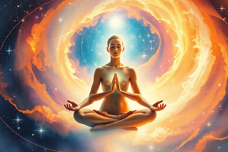 Spiritual Awakening Through Lucid Dreams Ethereal figure meditating in cosmic vortex