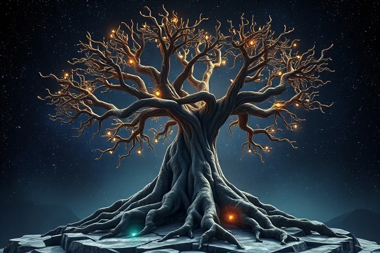 Interconnectedness of Soul Growth and Consciousness Ancient tree with glowing roots and branches