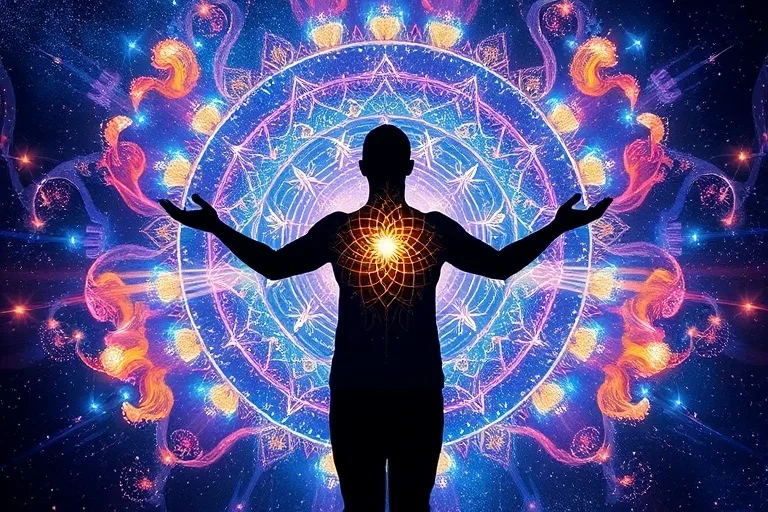 Human silhouette interacting with cosmic energy