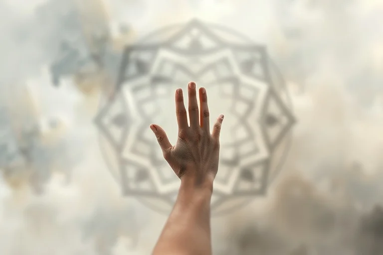 Blurred abstract landscape with a hand reaching through mist