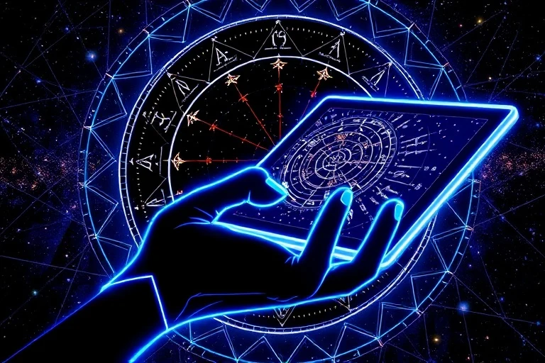 Stylized hand interacting with a tablet showing astrological charts