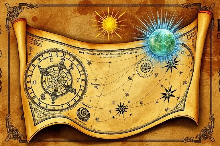 Antique scroll with numerological charts and merging energy fields