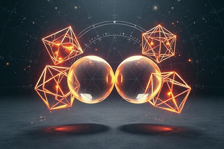 Interlocking geometric shapes representing Karmic Debt Numbers, interacting within a cosmic background
