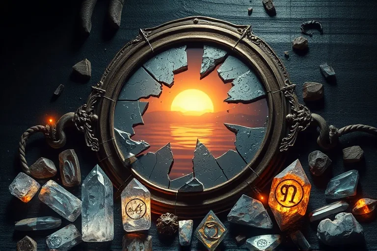Artistic depiction of a shattered mirror reflecting a new dawn, symbolizing discord and awakening