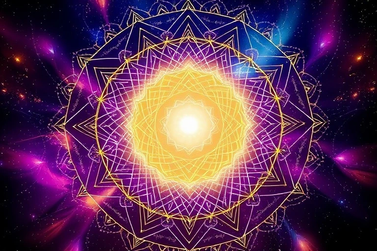 Abstract 3D render of cosmic energy patterns forming a luminous path, symbolizing spiritual journey and pioneering
