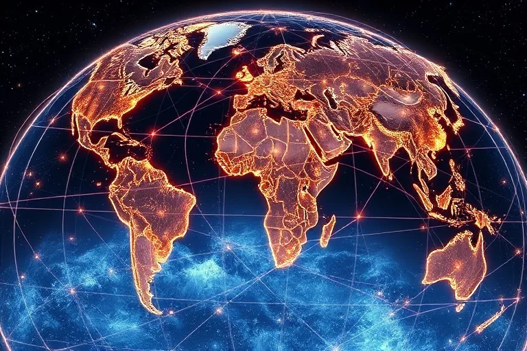 Digital painting of glowing lines crisscrossing a stylized Earth map, highlighting landmarks and ancient sites