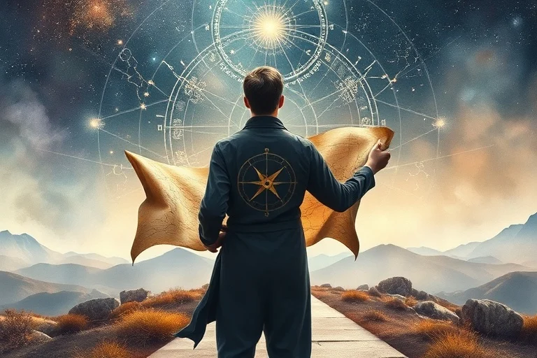 Watercolor illustration of a person at a crossroads with a compass and map, overlaid with astrological symbols and planetary lines