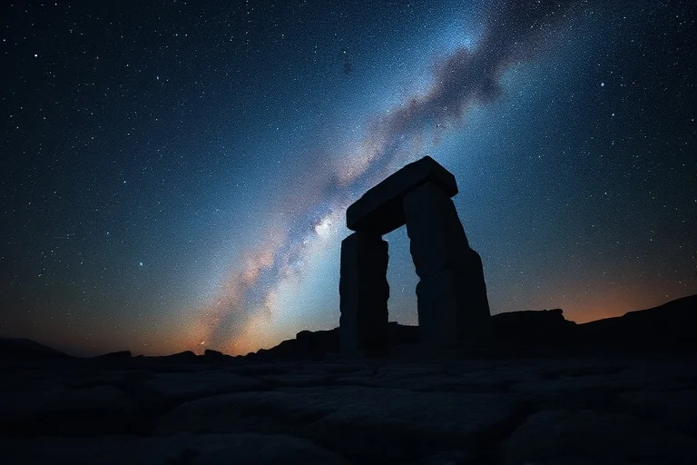 Ancient stone monument under a star-filled night sky, symbolizing deep time and cyclical transformation.