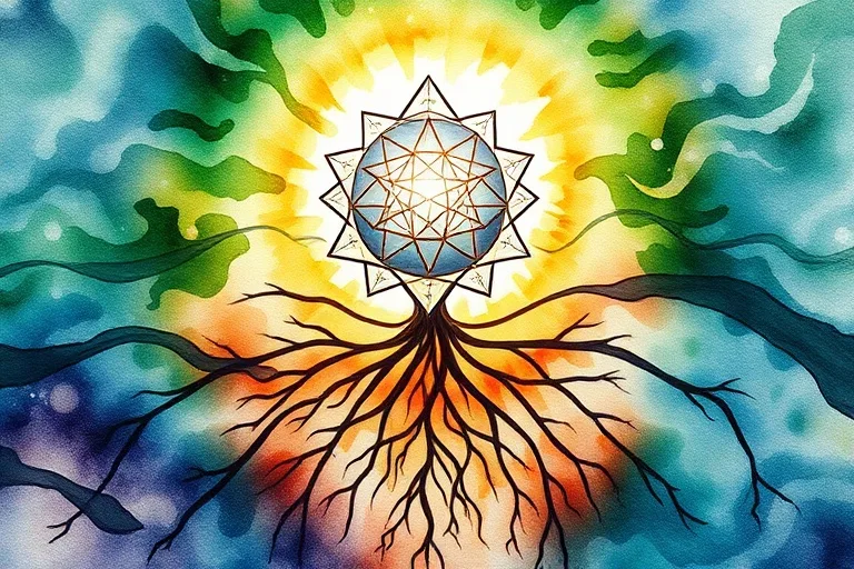 Abstract watercolor painting depicting flowing earth energies with geometric patterns and a stylized root system connecting to a celestial sphere.