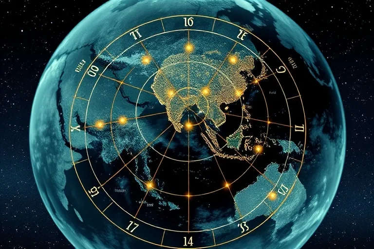 3D render of a holographic natal chart projected onto a glowing Earth globe, showing energy grid lines connecting astrological points to geographical locations.
