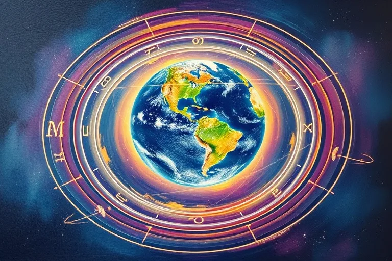 Stylized globe with planetary orbits