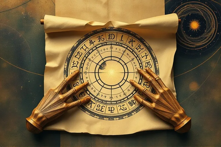 Ancient astrological chart with symbolic hands