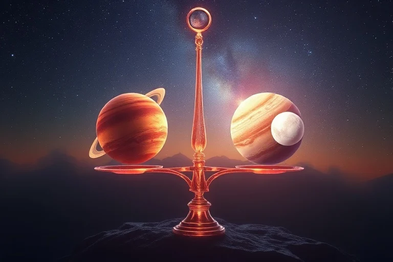 Abstract cosmic balance scale with strong and weak planets