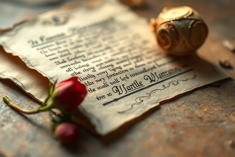Macro photography of an ancient parchment scroll with self-forming, shimmering script