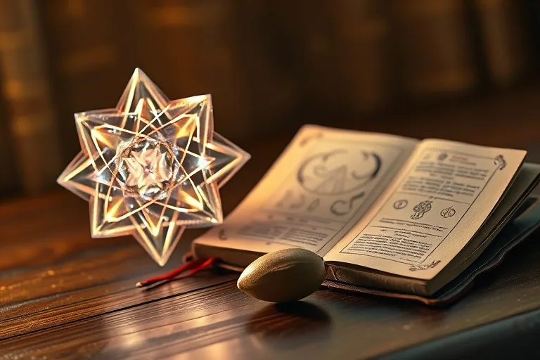 Crystal grid, journal, and seed symbolizing manifestation tools