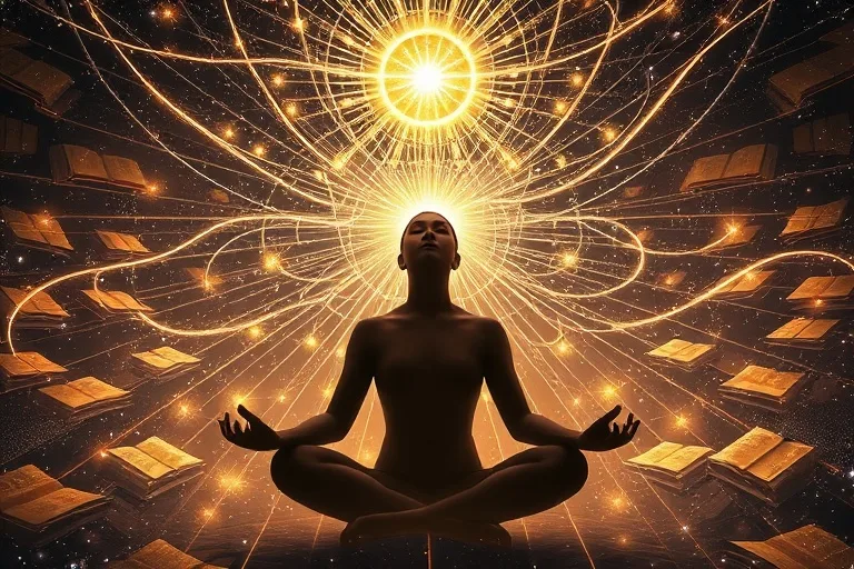 Meditating silhouette with luminous threads connecting to a cosmic library of glowing scrolls and ethereal books, symbolizing soul records access.