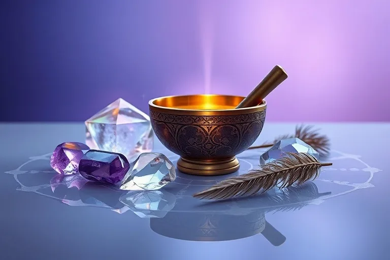 Still life of healing crystals, singing bowl, and sage for energy work