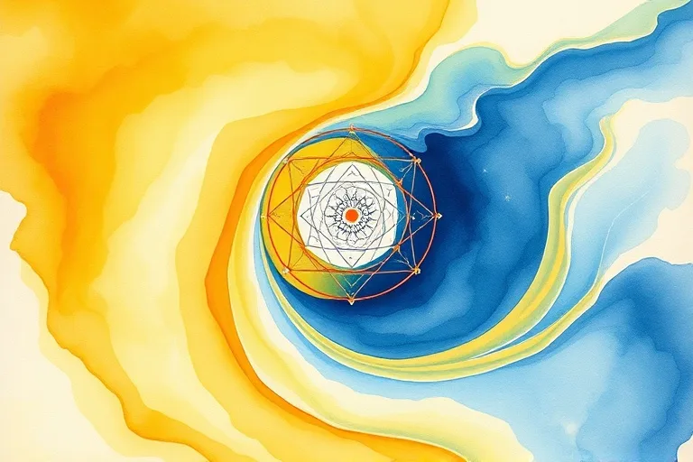 Abstract watercolor depicting merging colors and geometric patterns for balance