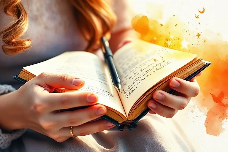 Hands writing intentions in a celestial-themed journal