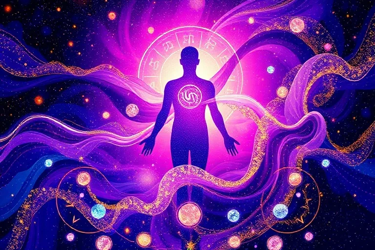 Abstract cosmic energy flowing into a human silhouette, astrological symbols