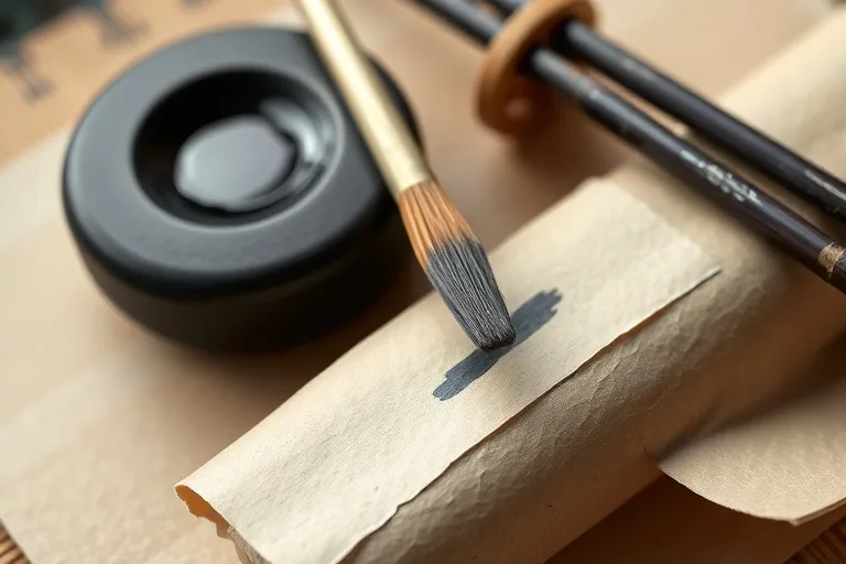 Traditional Japanese calligraphy tools arranged artistically