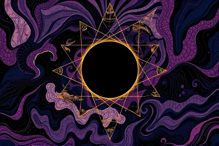 Abstract digital painting of swirling dark energies coalescing around a central black sphere, with fragmented light breaking through geometric patterns.
