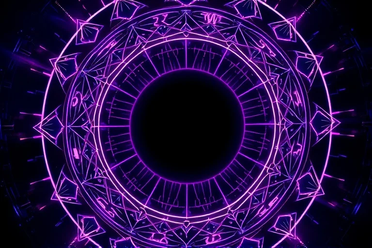 Intricate mandala design in deep purples, blues, and blacks, with a smooth, velvety black sphere at its center, radiating subtle energetic patterns.