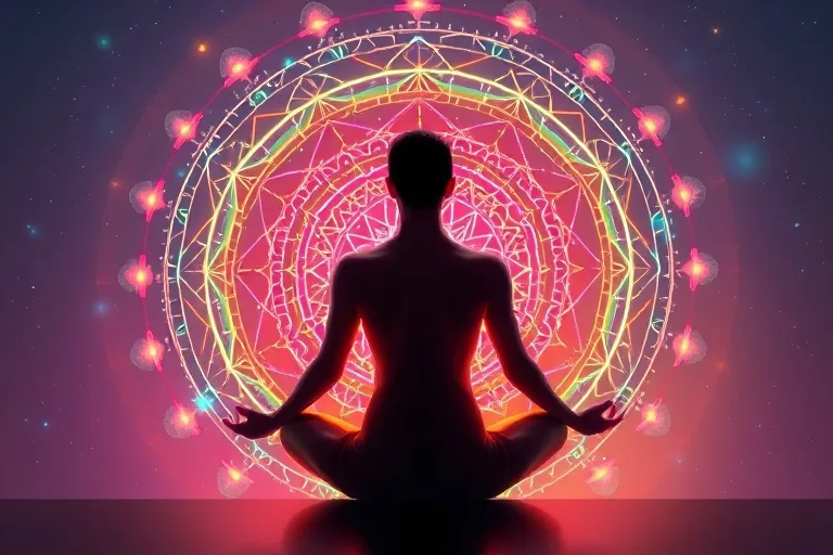 Meditating figure surrounded by colorful vibrational light waves