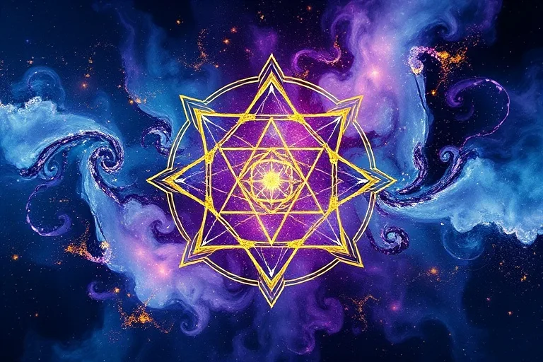 Abstract 3D render of geometric shapes forming a sigil in a void