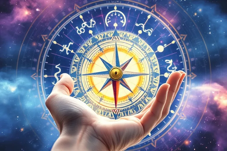 Delicate hand holding a compass pointing to a watercolor zodiac wheel