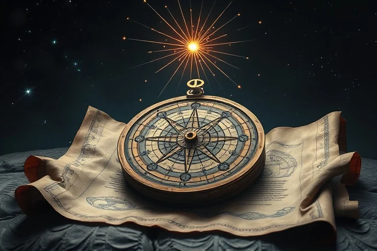 Ancient astrolabe on a scroll with astrological symbols, glowing lines connecting points, dark cosmic background.