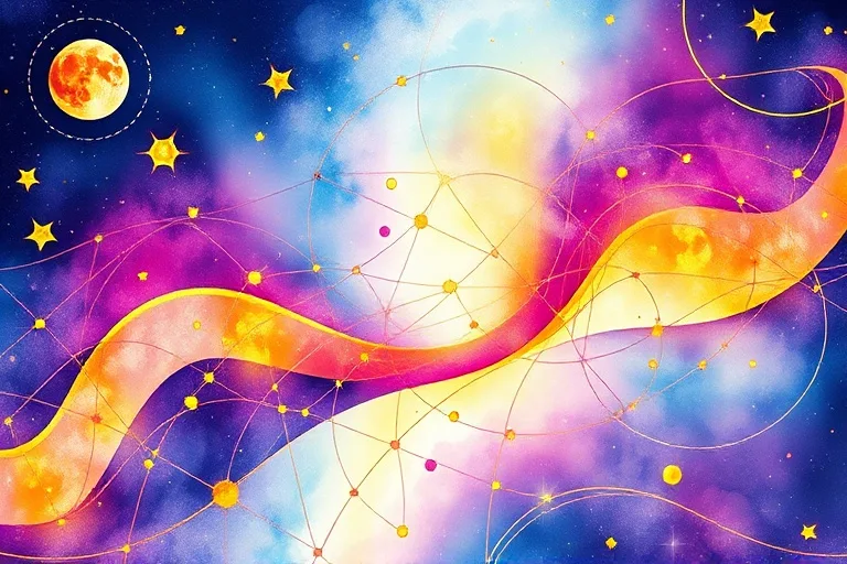 Abstract watercolor of geometric patterns and ethereal light, blending indigo and gold, symbolizing spiritual evolution.