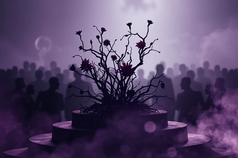Abstract thorny vines and nightshade flowers on a public podium