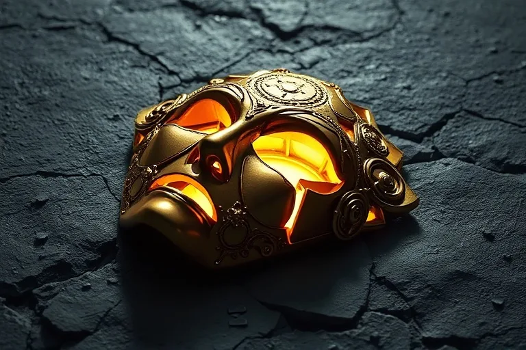 Shattered gilded mask revealing glowing molten gold